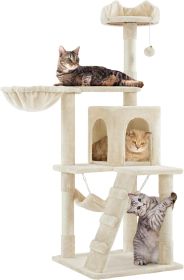 Cat Tree, 54in Tall Cat Tower for Indoor Cats with Extended Platform & Basket, Spacious Cat Condo, Funny Hammock, Scratching Posts and Ladder, Beige