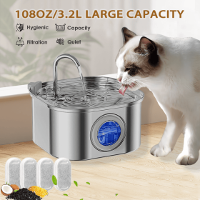 Cat Water Fountain Stainless Steel,108oz 3.2L Cat Fountain For Drinking - Pet Water Fountain Inside - Automatic Dog Watering Dispenser Bowl - Pet (Option: 1)