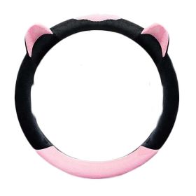 Pink Cat Ear Winter Plush Steering Wheel Cover Warm Car Wheel Protector Universal Car Accessories for Women (Color: Pink)