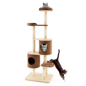 6-Tier Wooden Cat Tree with 2 Removeable Condos Platforms and Perch (Color: Brown)