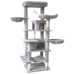 68in Multi-Level Cat Tree Tower with Hammocks, Cat Condo, Hanging Basket, Removable Cushions & Sisal Scratching Posts, Plush Cat Activity Center for I (Color: LightGray)