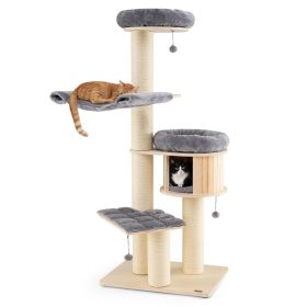 4-Layer 68.5-Inch Wooden Cat Tree Condo Activity Tower with Sisal Posts (Color: gray)